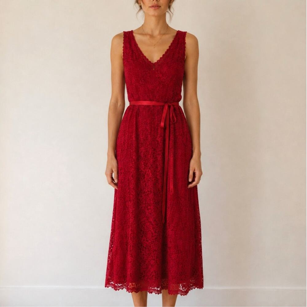 Vintage 90s Giorgio Fiorlini Red Lace Midi Dress Size 10 Romantic Goth Coquette